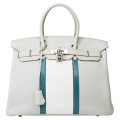Rare Hermès Birkin Club 35 handbag in grey, white leather and blue lizard, PHW