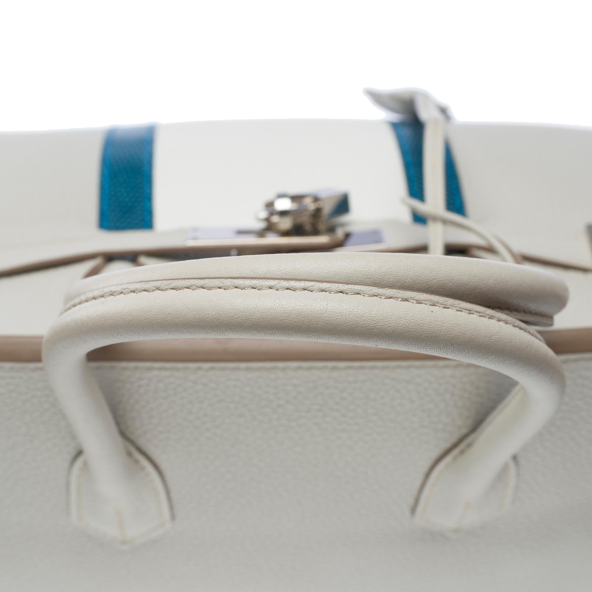 Rare sac à main Hermès Birkin Club 35 en cuir gris, blanc et lézard bleu, SHW en vente 7