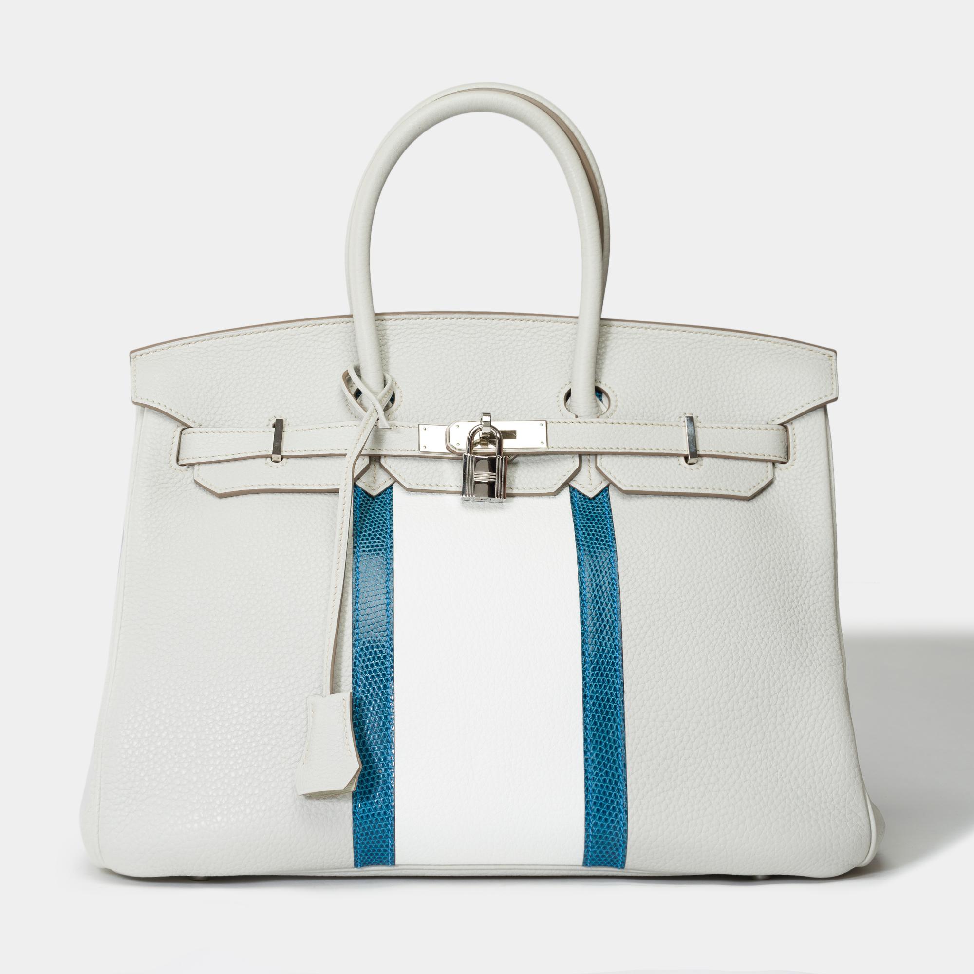 Rare sac à main Hermès Birkin Club 35 en cuir gris, blanc et lézard bleu, SHW Excellent état - En vente à Paris, IDF