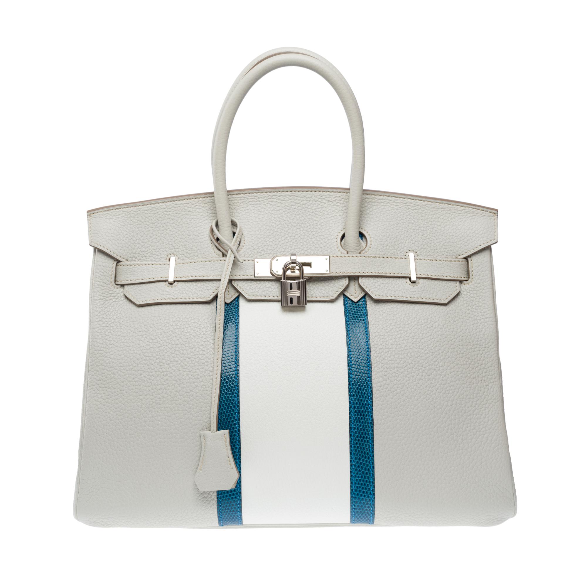 Rare sac à main Hermès Birkin Club 35 en cuir gris, blanc et lézard bleu, SHW Pour femmes en vente