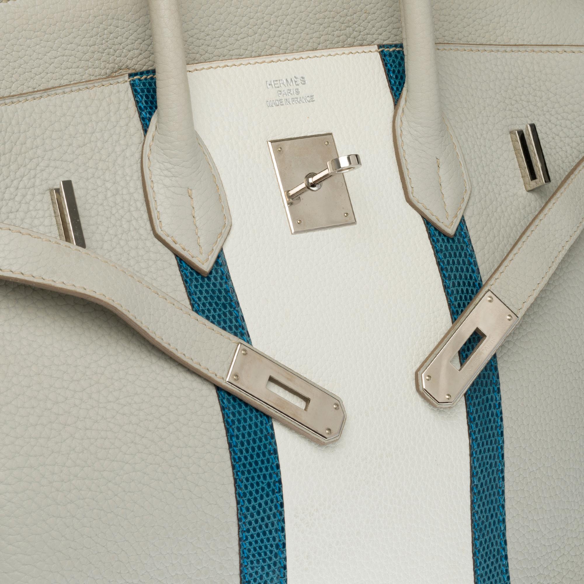 Rare Hermès Birkin Club 35 handbag in grey, white leather and blue lizard, SHW In Excellent Condition In Paris, IDF