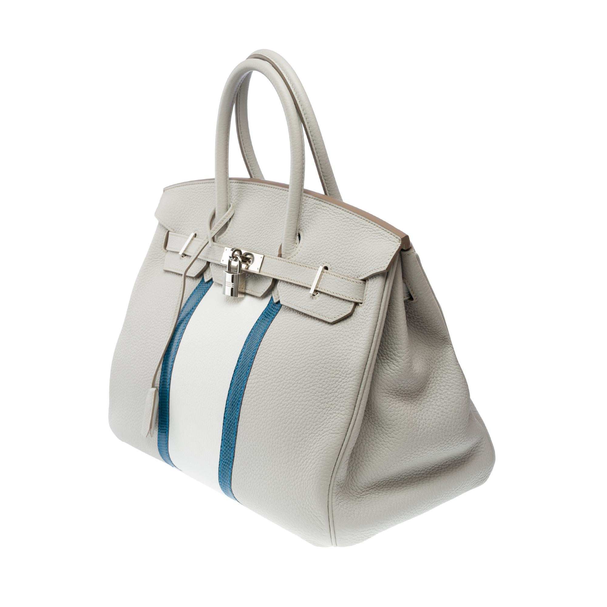Rare sac à main Hermès Birkin Club 35 en cuir gris, blanc et lézard bleu, SHW en vente 2