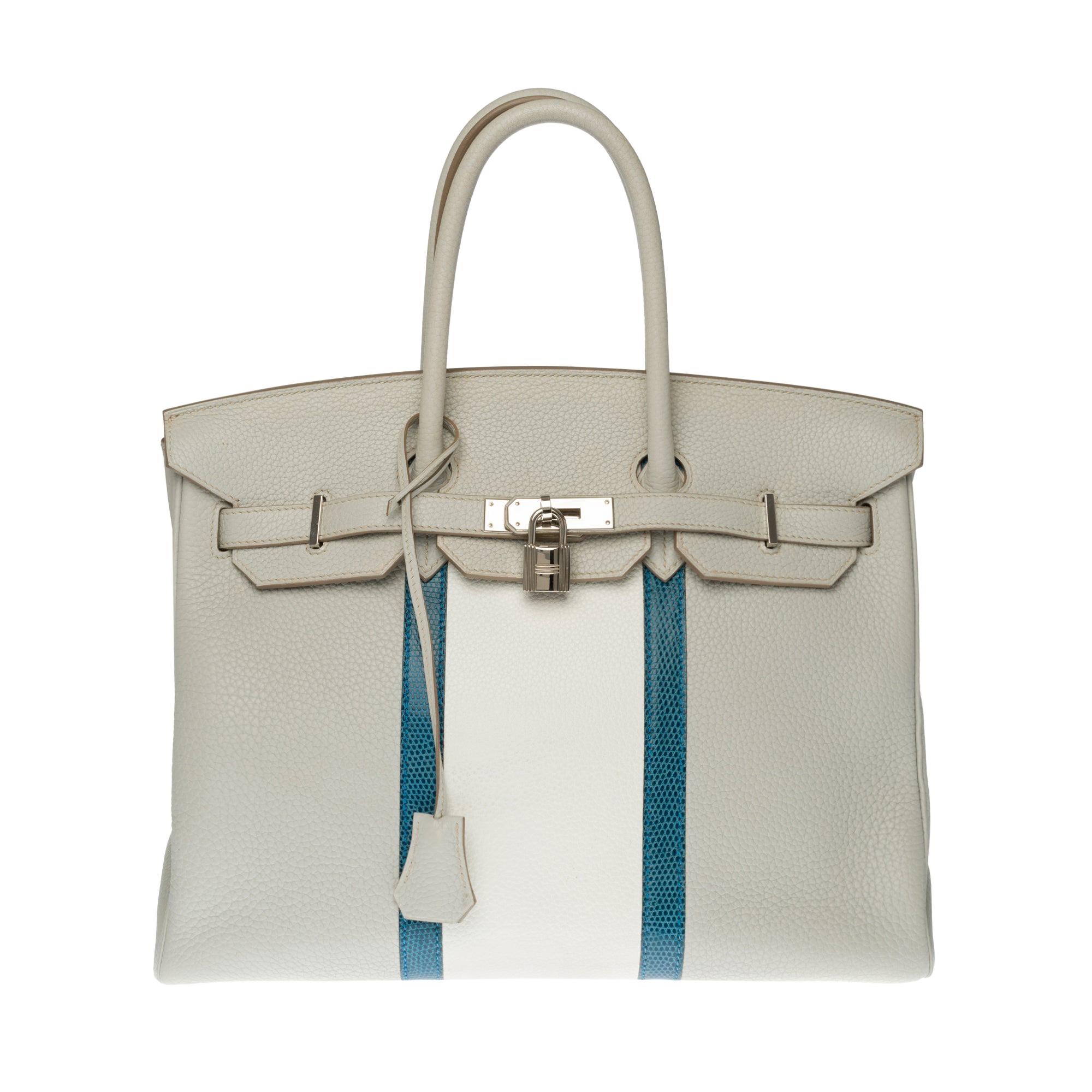 Rare Hermès Birkin Club 35 handbag in grey, white leather and blue lizard, SHW