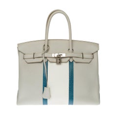 Rare Hermès Birkin Club 35 handbag in grey, white leather and blue lizard, SHW