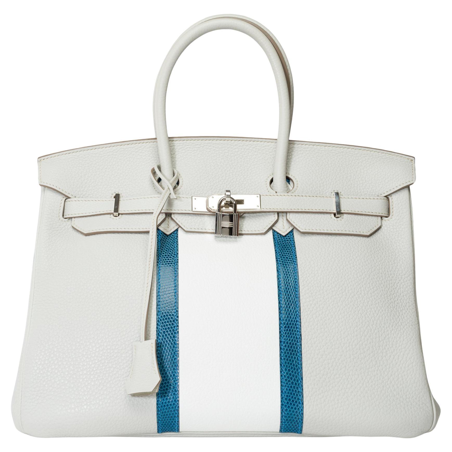 Rare Hermès Birkin Club 35 handbag in grey, white leather and blue lizard, SHW For Sale