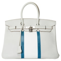 Seltene Hermès Birkin Club 35 Handtasche in grau, weißem Leder und blauer Eidechse, SHW