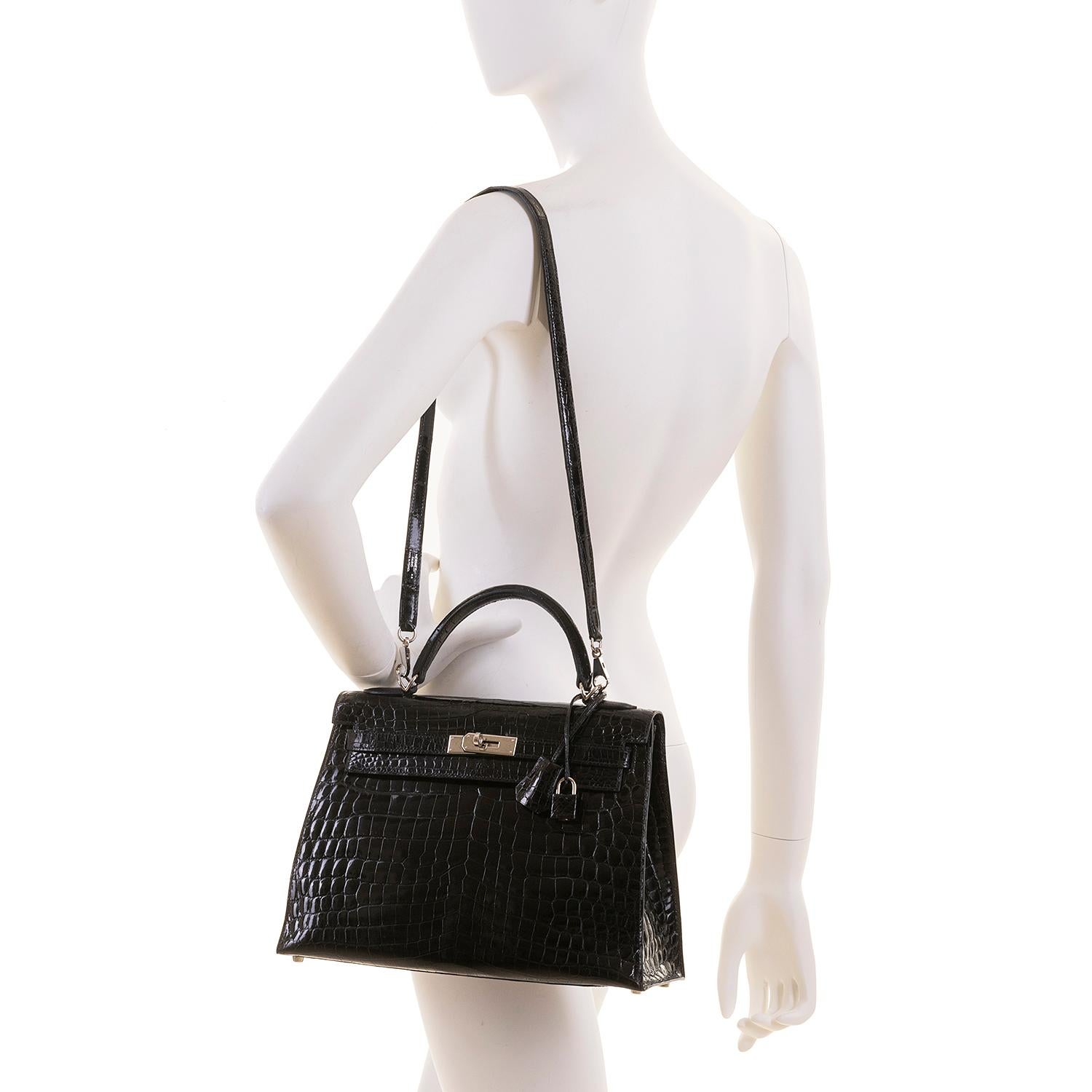 Women's Rare Hermes Black Crocodile Kelly 32 Bag with Palladium Hardware - Pristine