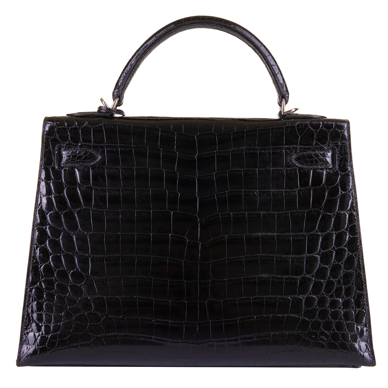 Rare Hermes Black Crocodile Kelly 32 Bag with Palladium Hardware - Pristine 5