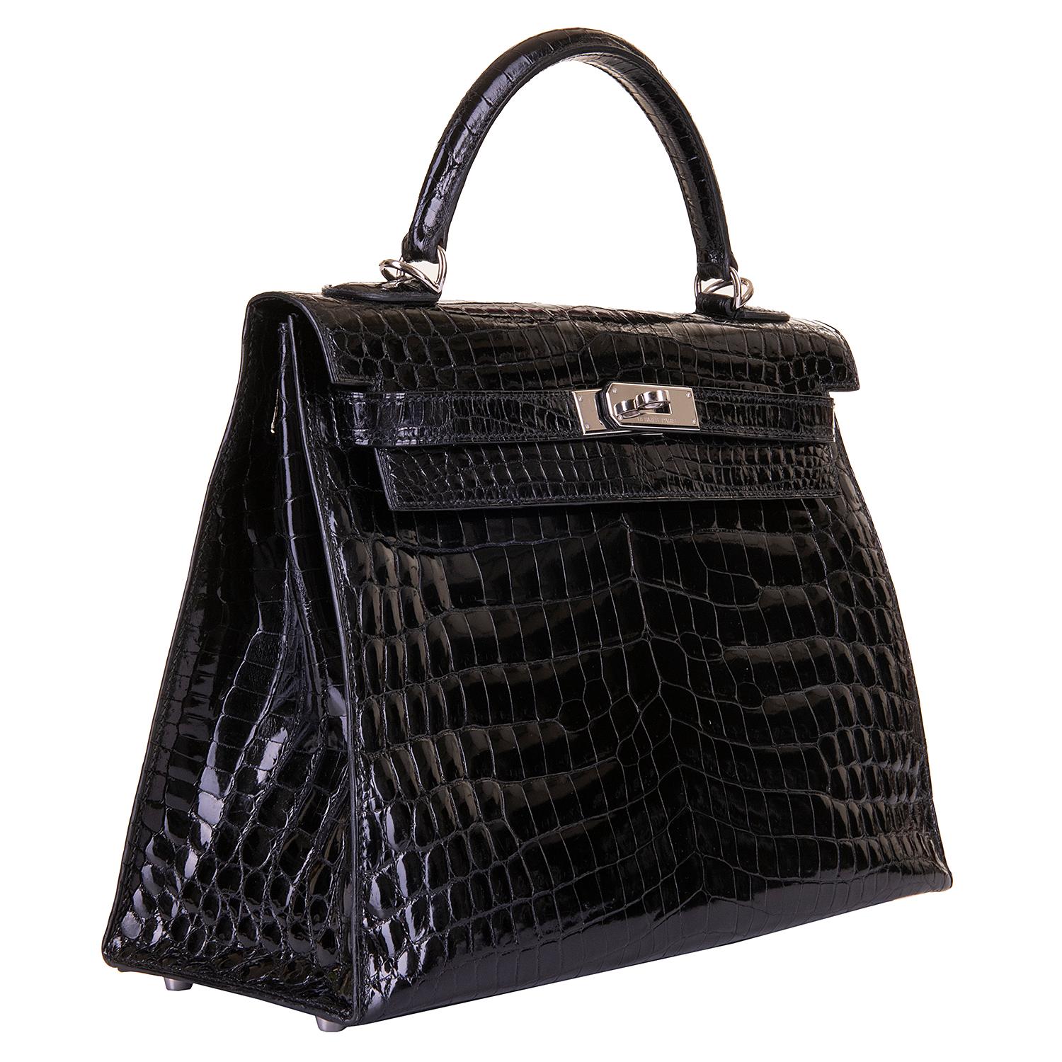 Rare Hermes Black Crocodile Kelly 32 Bag with Palladium Hardware - Pristine In Excellent Condition In London, GB