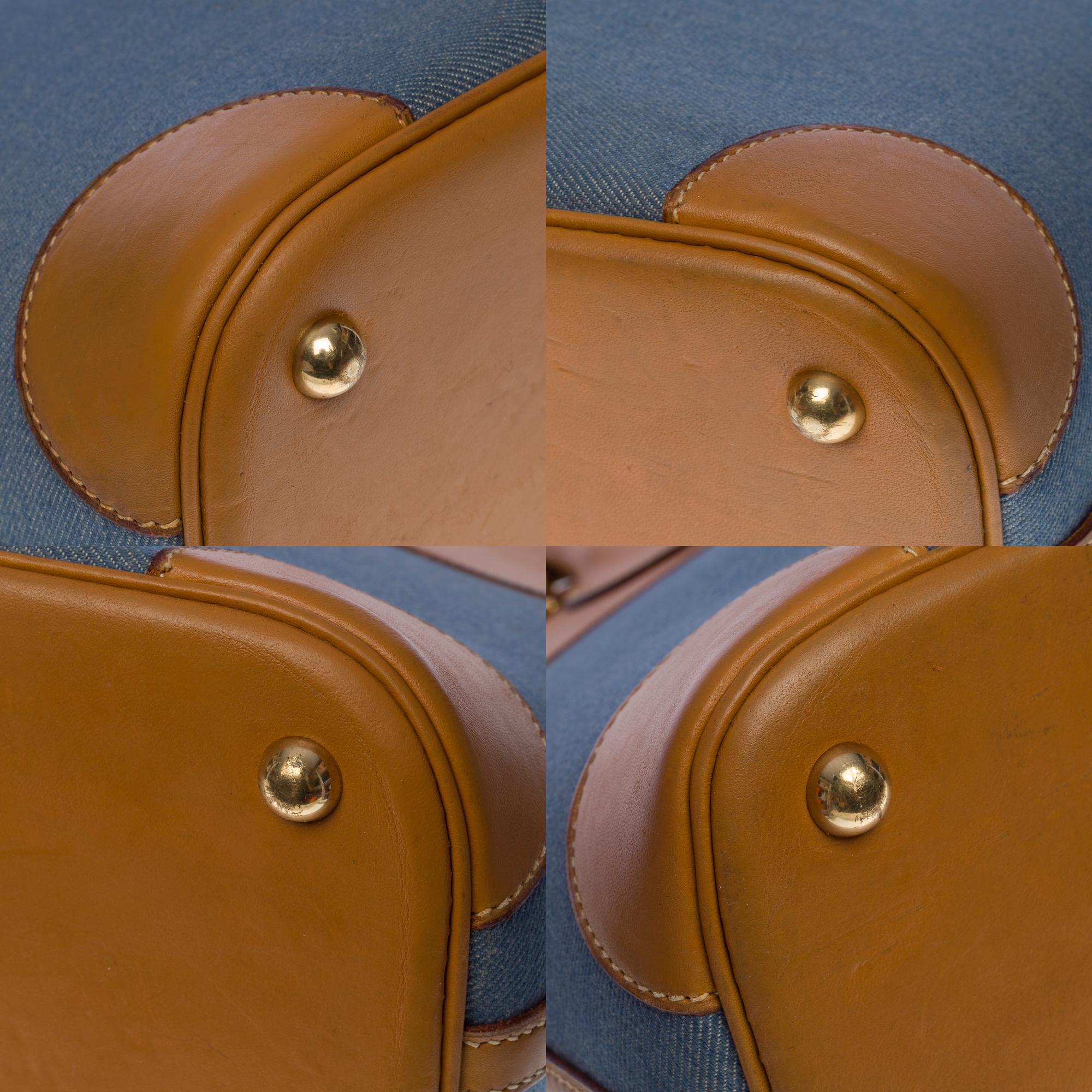 Rare Hermes Bolide handbag strap in Barenia leather and Blue denim, GHW 5