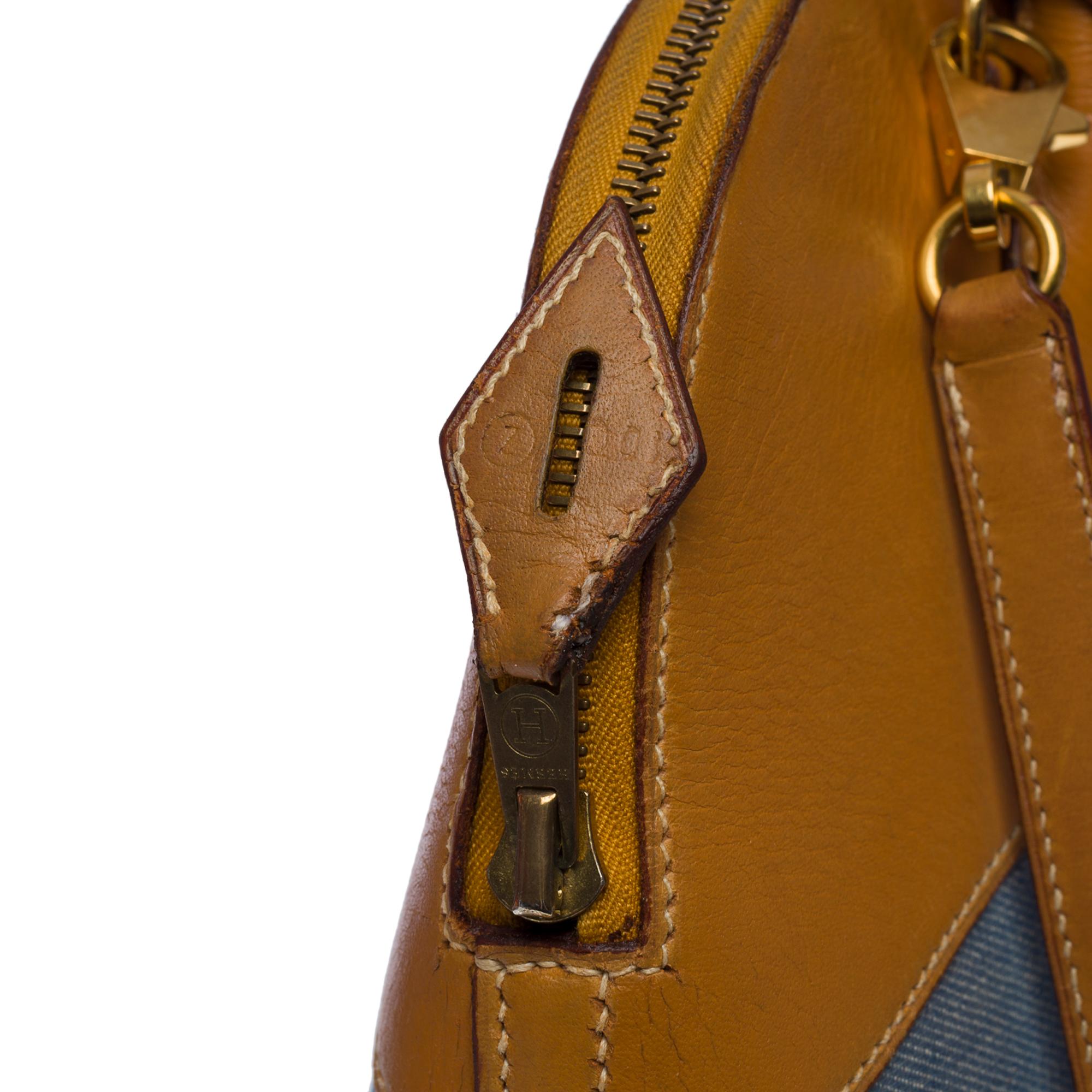 Rare Hermes Bolide handbag strap in Barenia leather and Blue denim, GHW 1