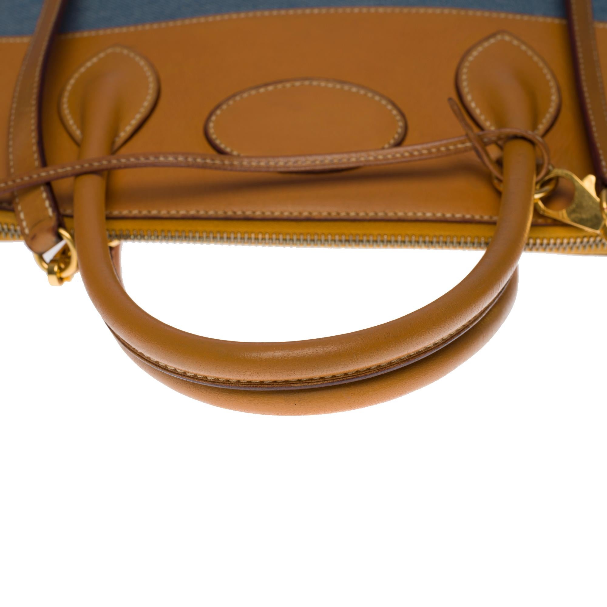 Rare Hermes Bolide handbag strap in Barenia leather and Blue denim, GHW 3