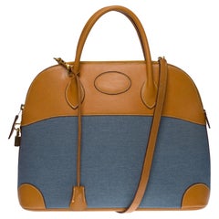 Rare Hermes Bolide handbag strap in Barenia leather and Blue denim, GHW