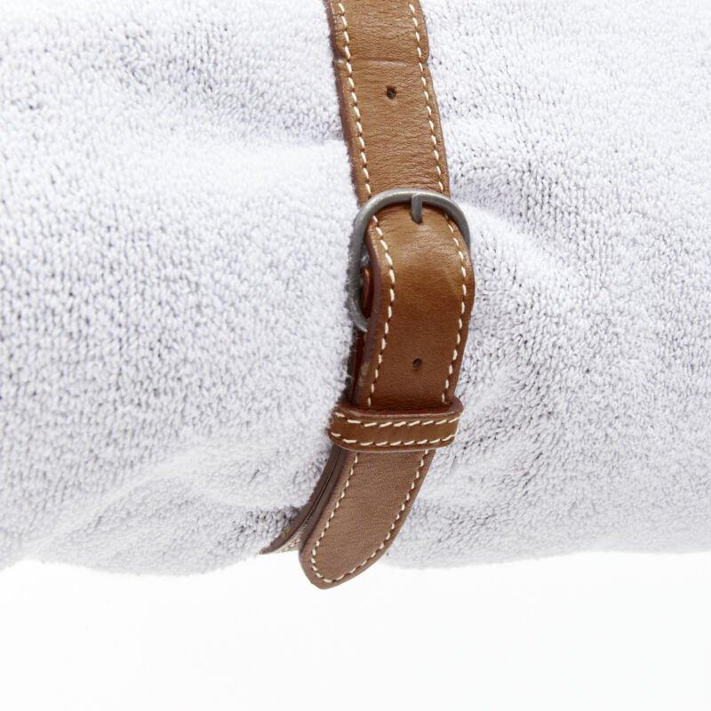 Gray rare HERMES brown leather palladium hardware harness buckle towel carrier strap