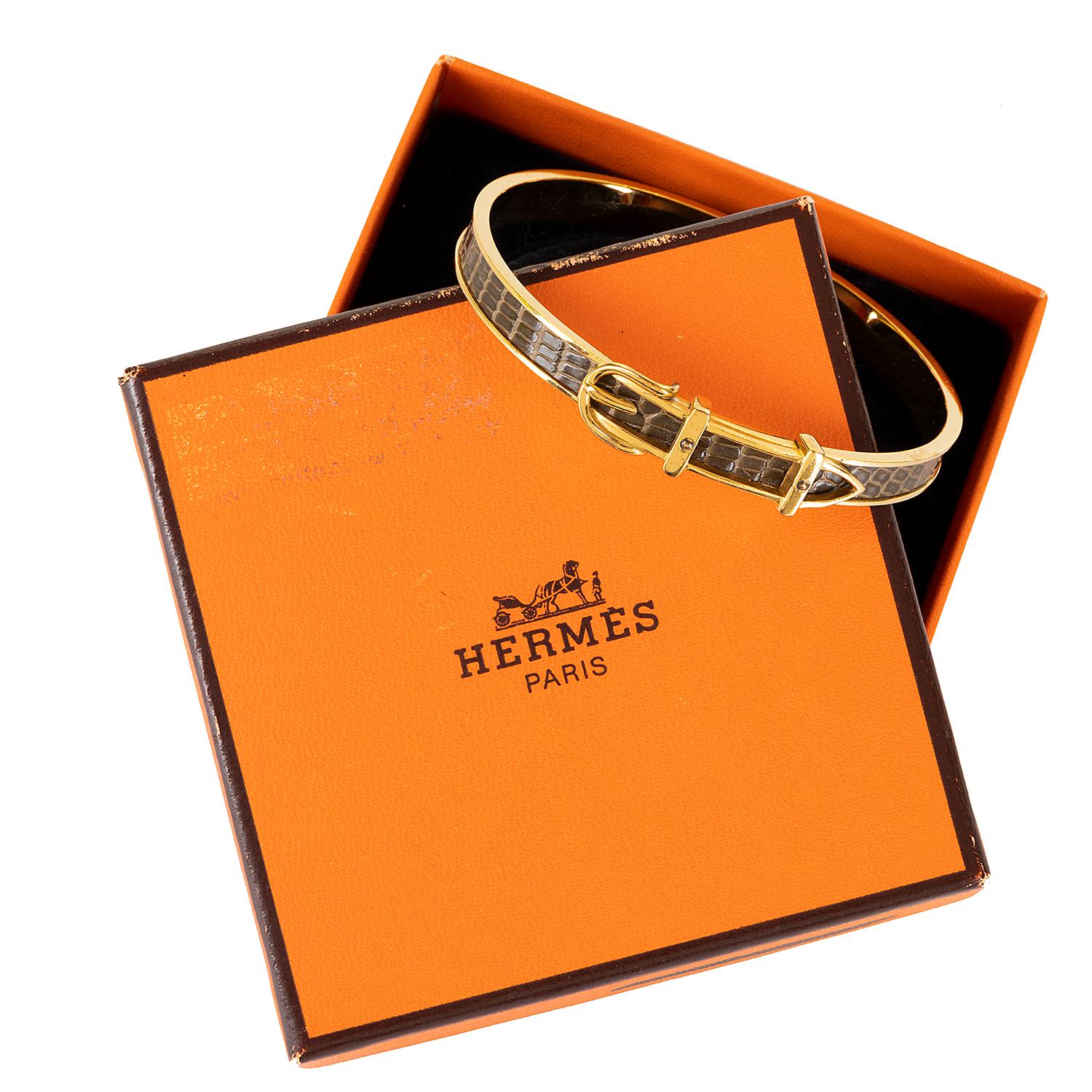 Rare Hermes Brown Lizard & Gold Metal Belt Bangle  In Good Condition For Sale In London, GB