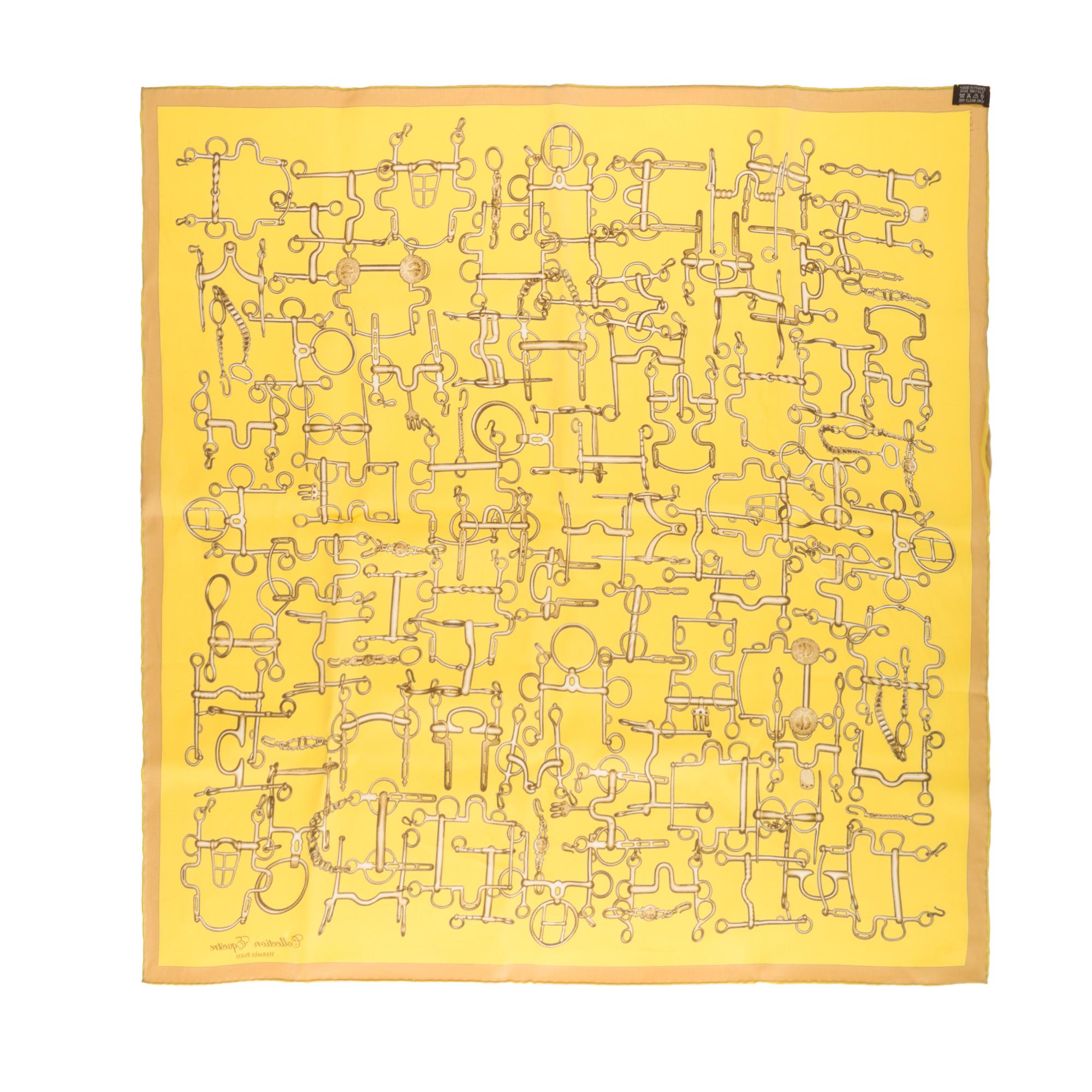 HERMES - Rare Carré in silk twill «Equestrian Collection», designed by Benoit- Pierre Emery, 2010. Dominant tones yellow and taupe. 
Dimensions: 70 x 70 cm. 
Very good condition despite signs of wear.
Sold with box