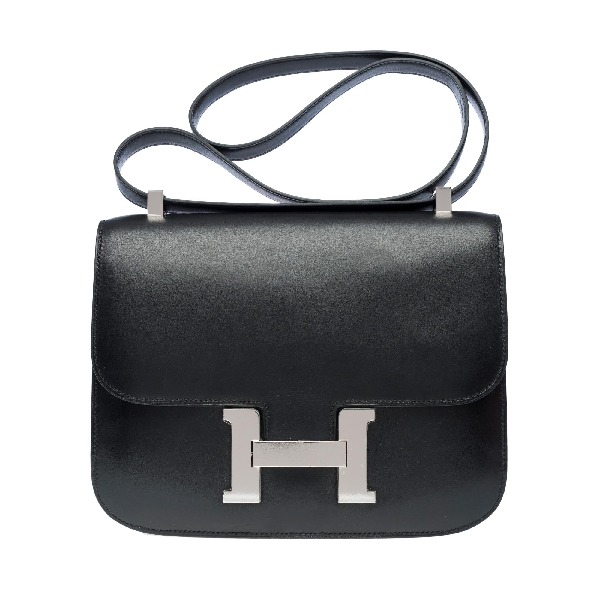 Orange Rare Hermès Constance 23 shoulder bag in black box calfskin leather , PHW For Sale