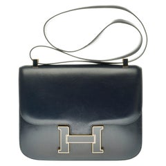 Rare Hermes Constance 23 shoulder bag in navy blue calfskin with gold hardware !