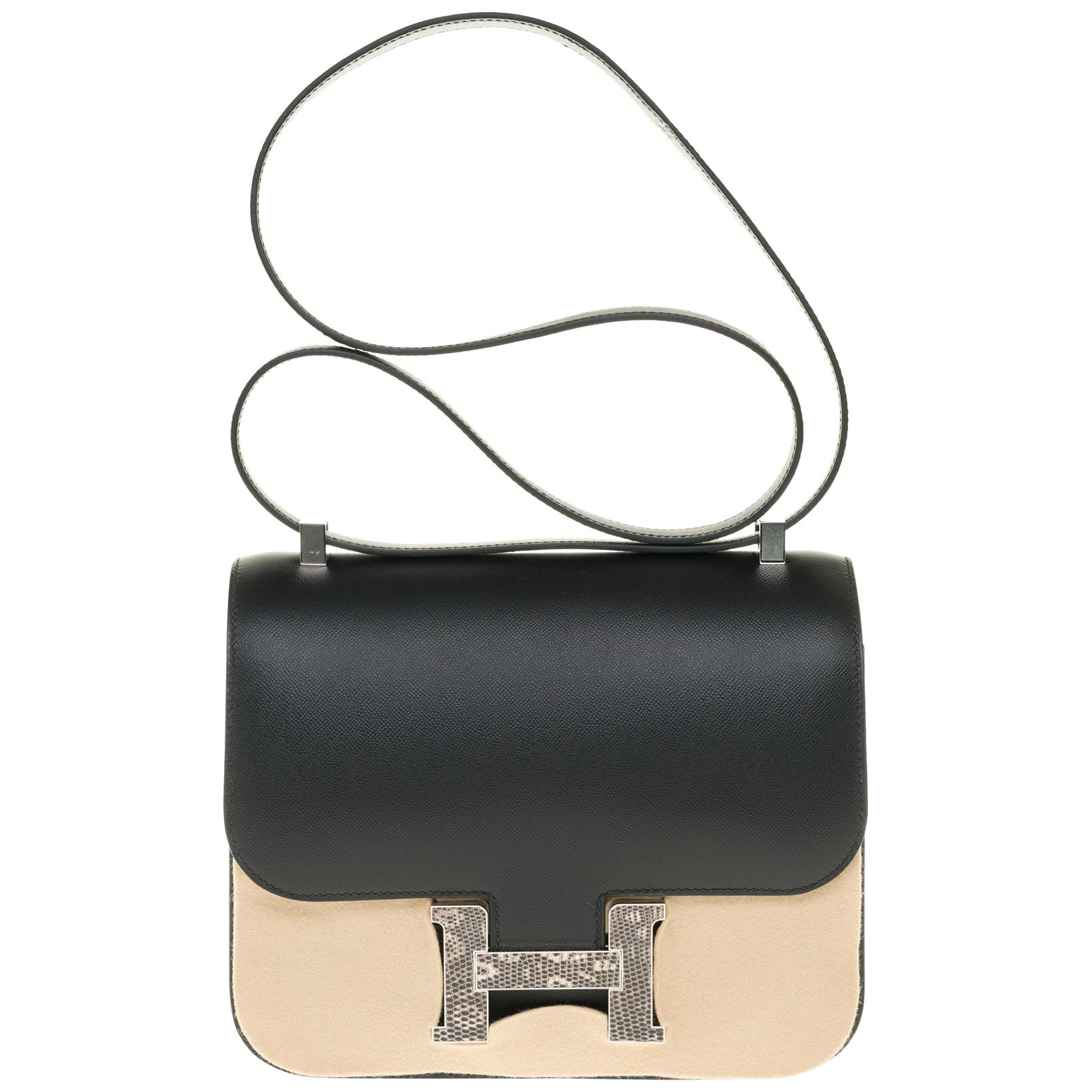 RARE Hermes Constance 24 shoulder bag in black Madame calf and Clasp in Lizard