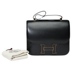  Rare Hermès Constance Cartable sac à bandoulière en cuir de veau Box noir , GHW