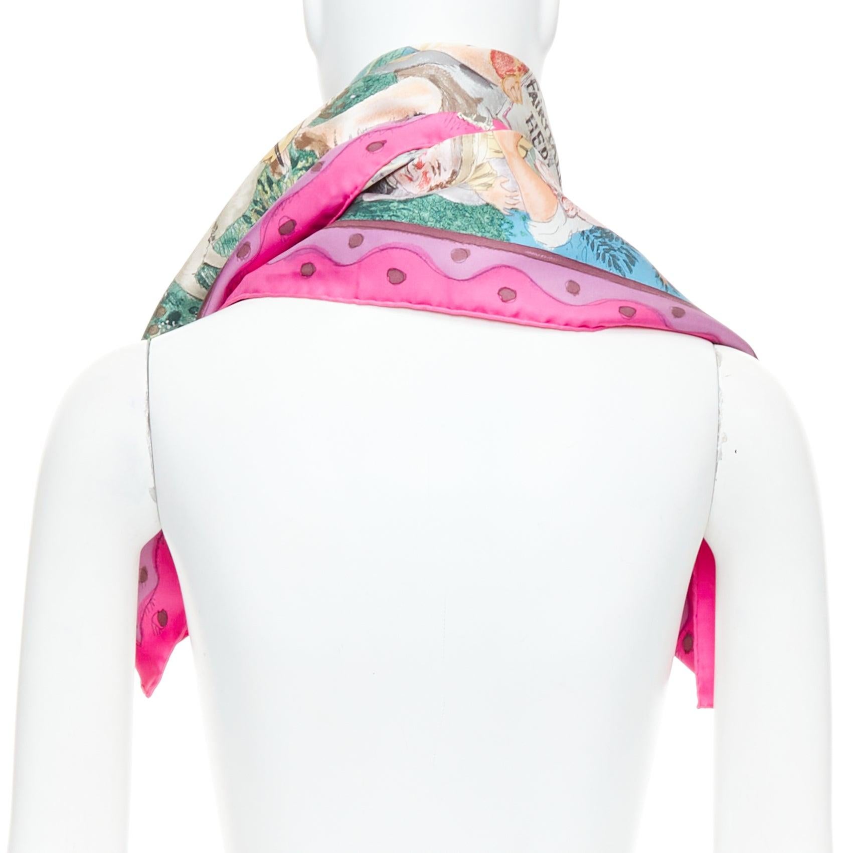 Women's rare HERMES Fairytales Philippe Dauchez Carre 90cm pink twill print scarf