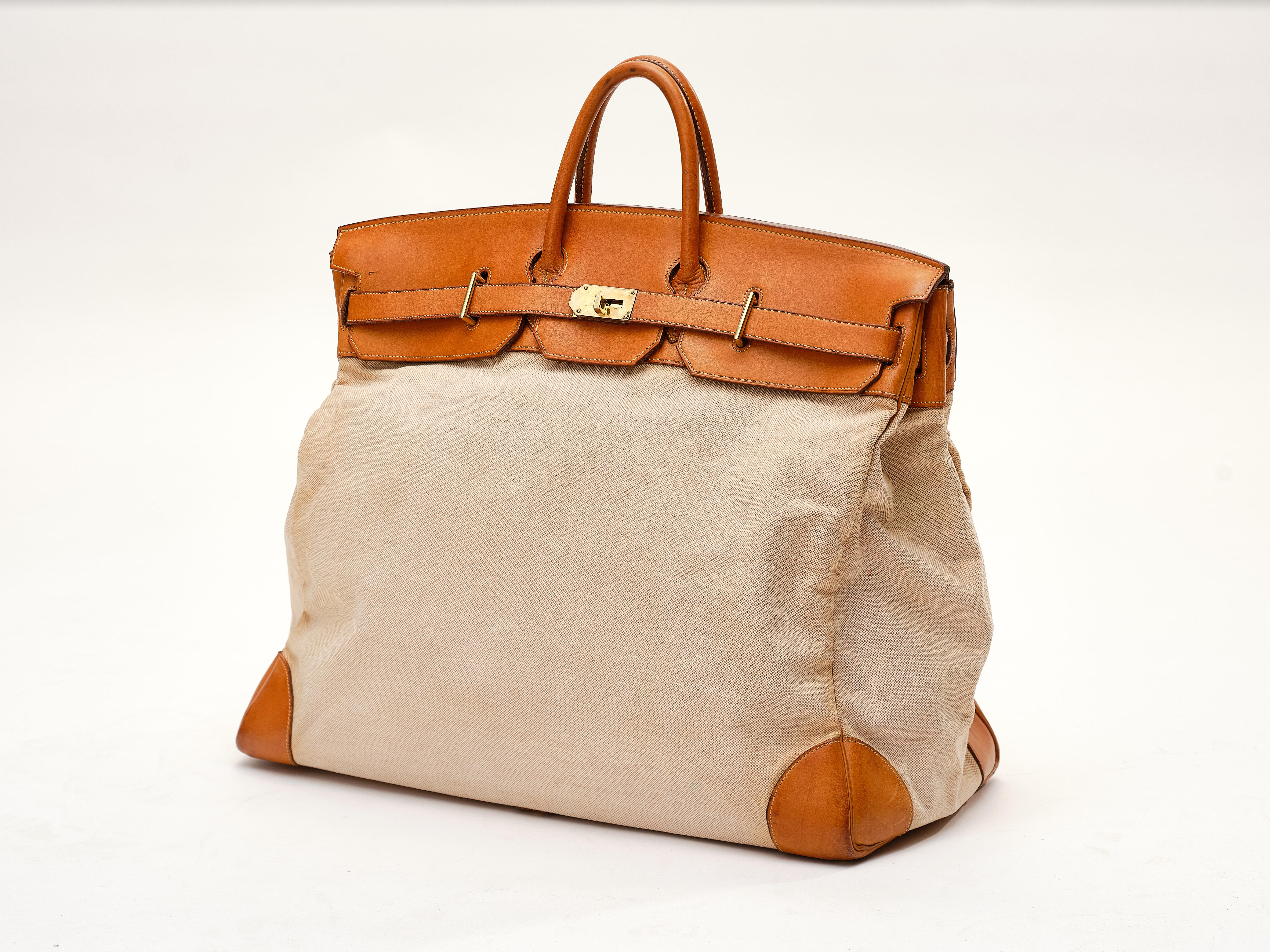 Hermes Haut-a-Courroies (HAC) 55 Nature Canvas Body and Barenia Leather H -  1978 For Sale at 1stDibs | hermes luggage bag
