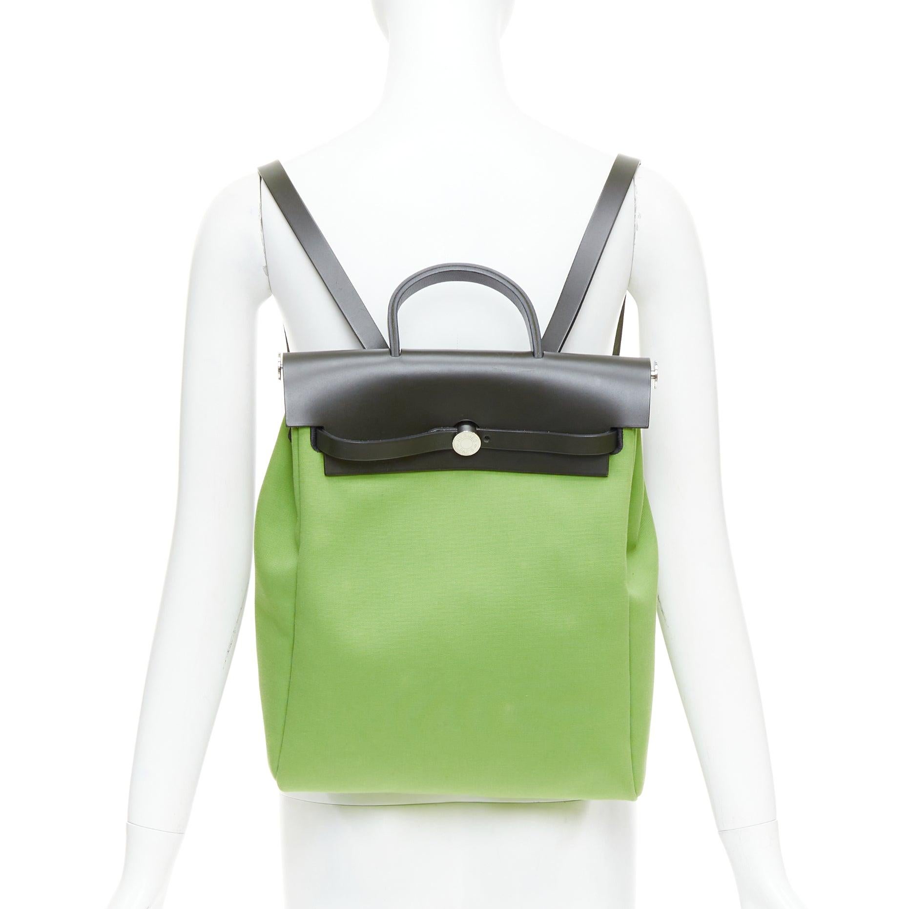 rare HERMES Herbag A Dos Vert Criquet green black canvas palladium backpack
Reference: TGAS/E00354
Brand: Hermes
Model: Herbag A Dos
Material: Leather, Canvas
Color: Green, Black
Pattern: Solid
Closure: Loop Through
Lining: Green Canvas
Extra