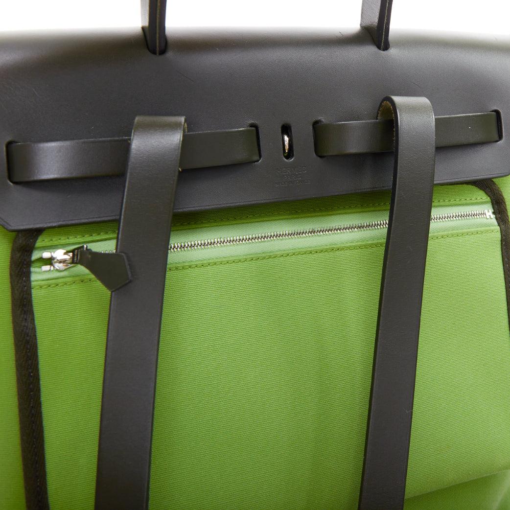 rare HERMES Herbag A Dos Vert Criquet green black canvas palladium backpack For Sale 3