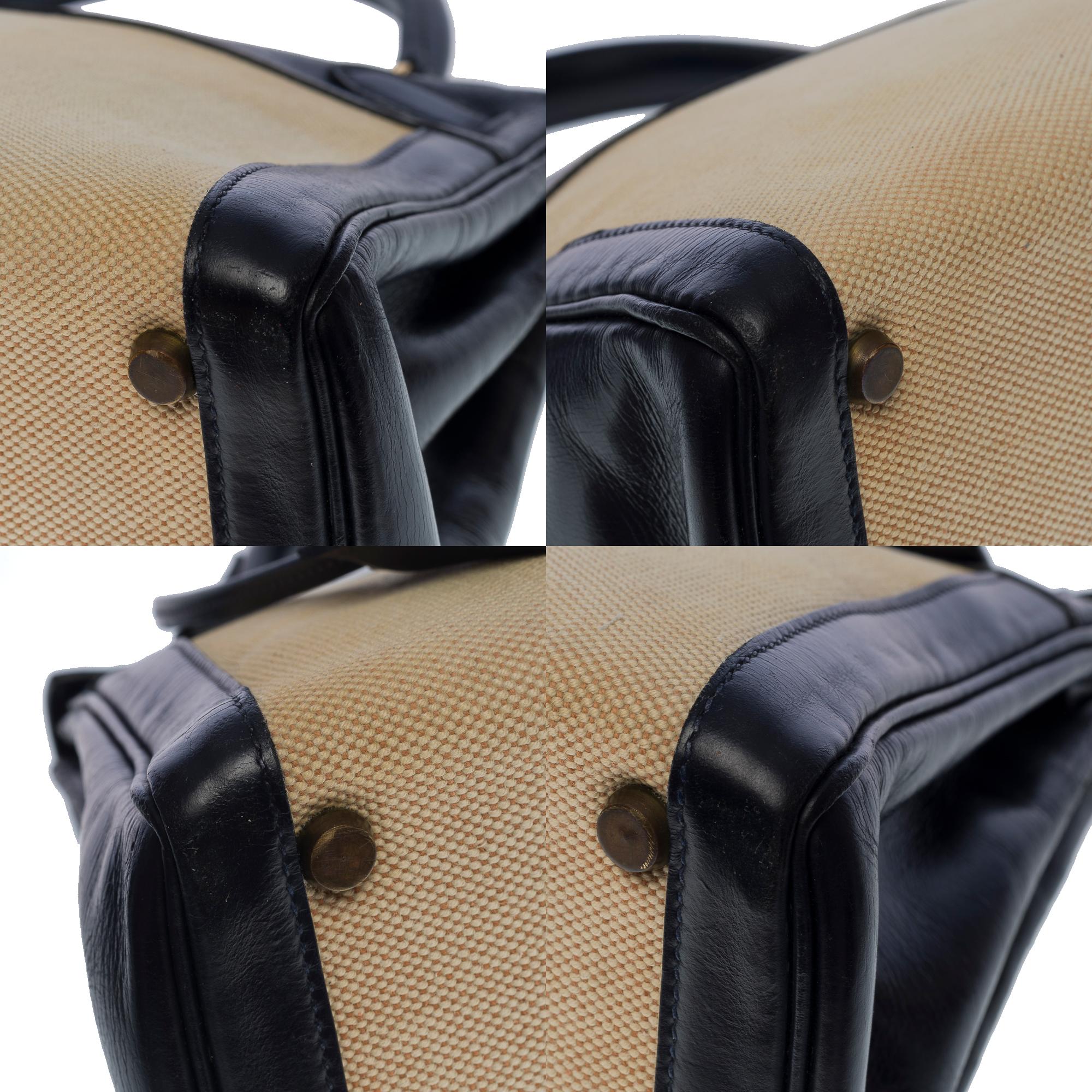 Rare Hermès Kelly 28 handbag in beige canvas and navy blue calf leather, GHW For Sale 5