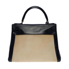 Rare Hermès Kelly 28 handbag in beige canvas and navy blue calf leather, GHW