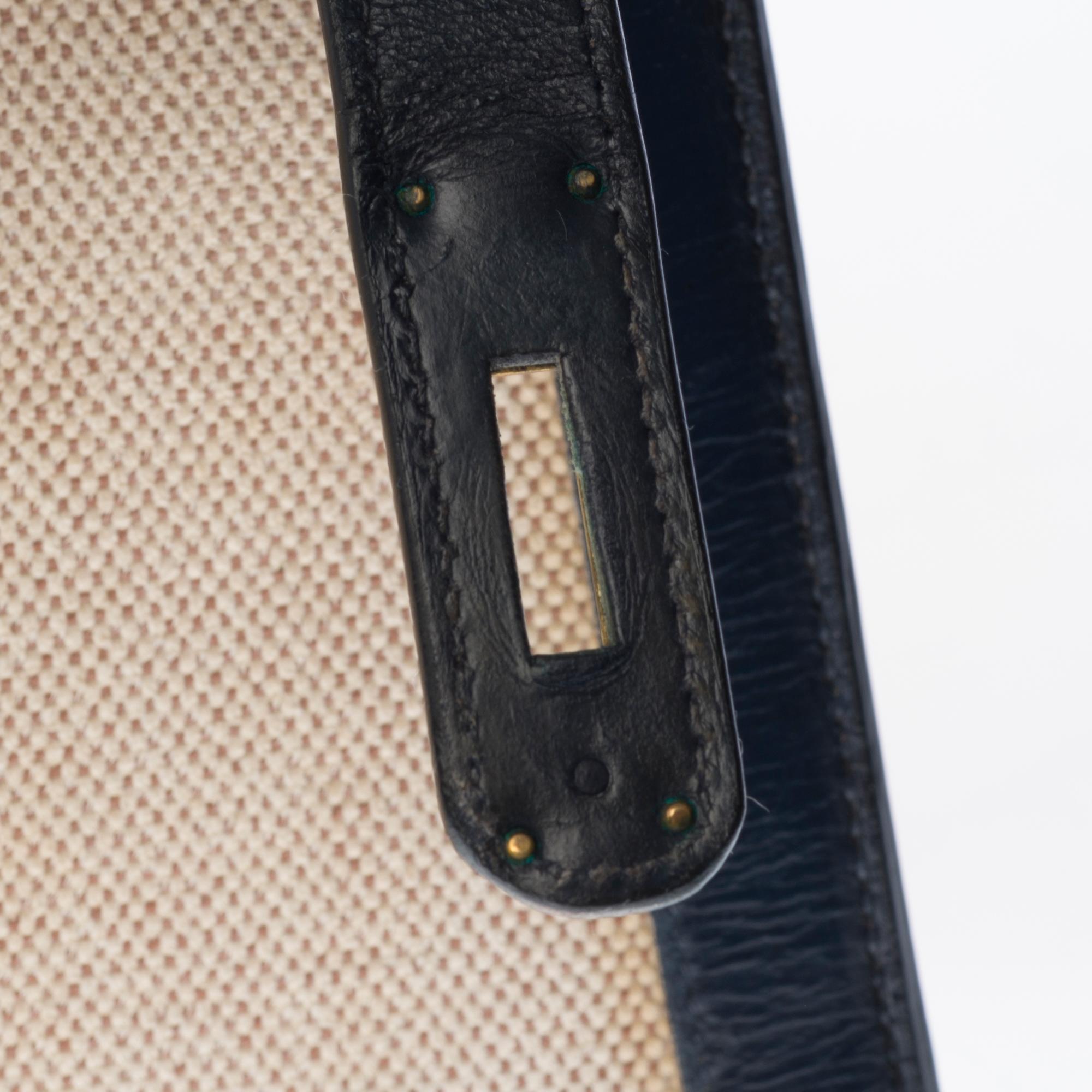 Rare Hermès Kelly 28 handbag in beige canvas and navy blue calf leather, GHW In Fair Condition In Paris, IDF