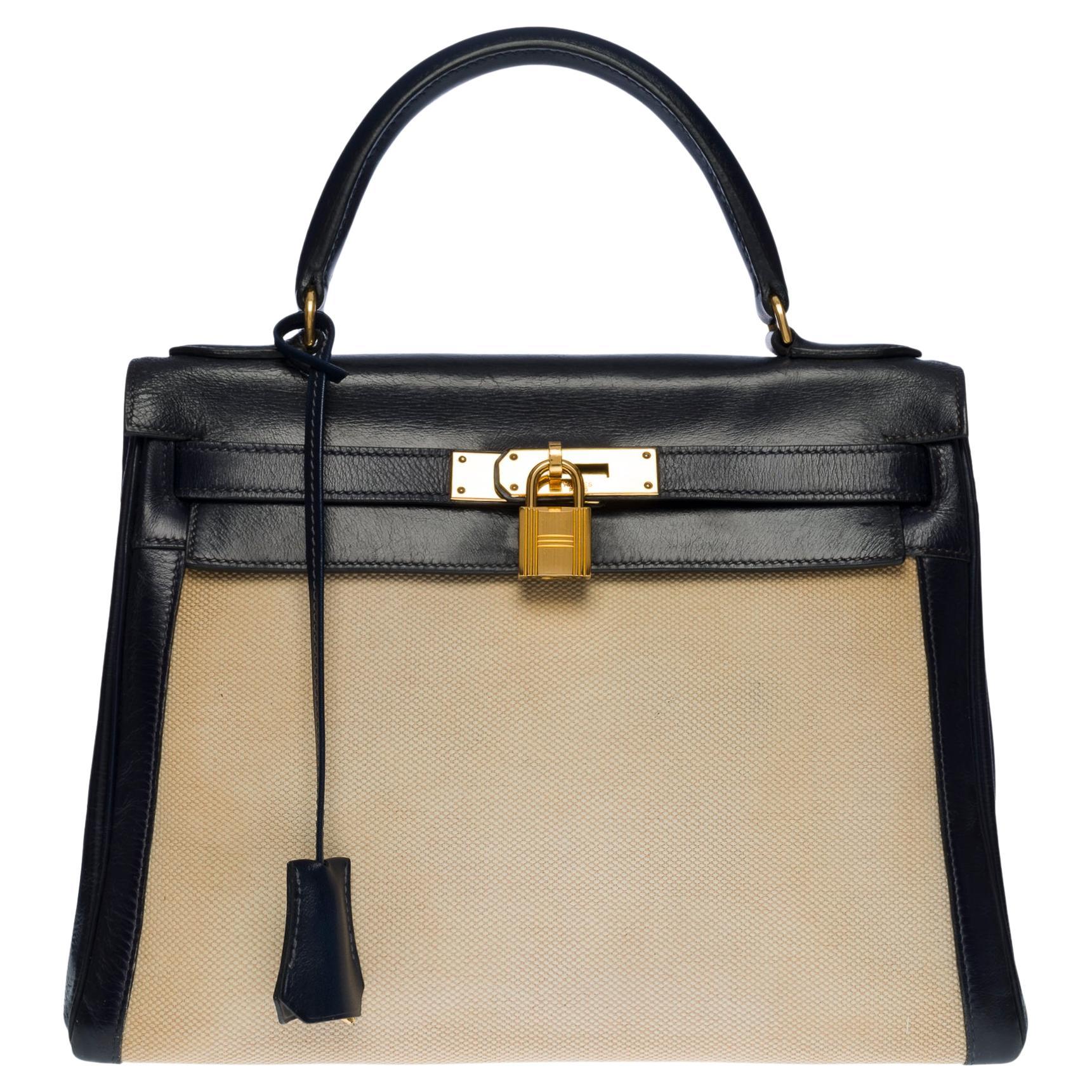 Rare Hermès Kelly 28 handbag in beige canvas and navy blue calf leather, GHW For Sale