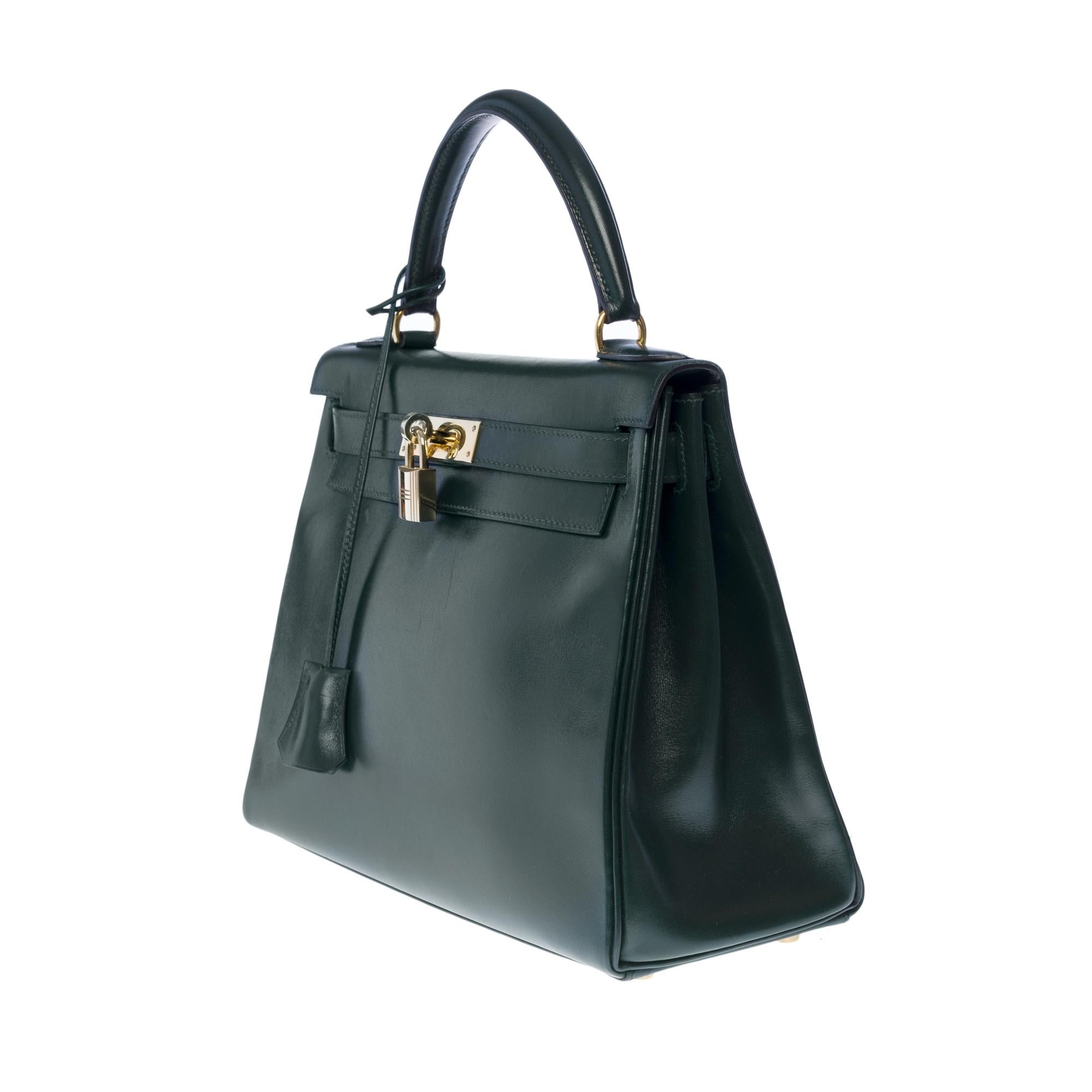 Rare Hermès Kelly 28 retourne handbag strap in green box calf leather, GHW In Good Condition In Paris, IDF