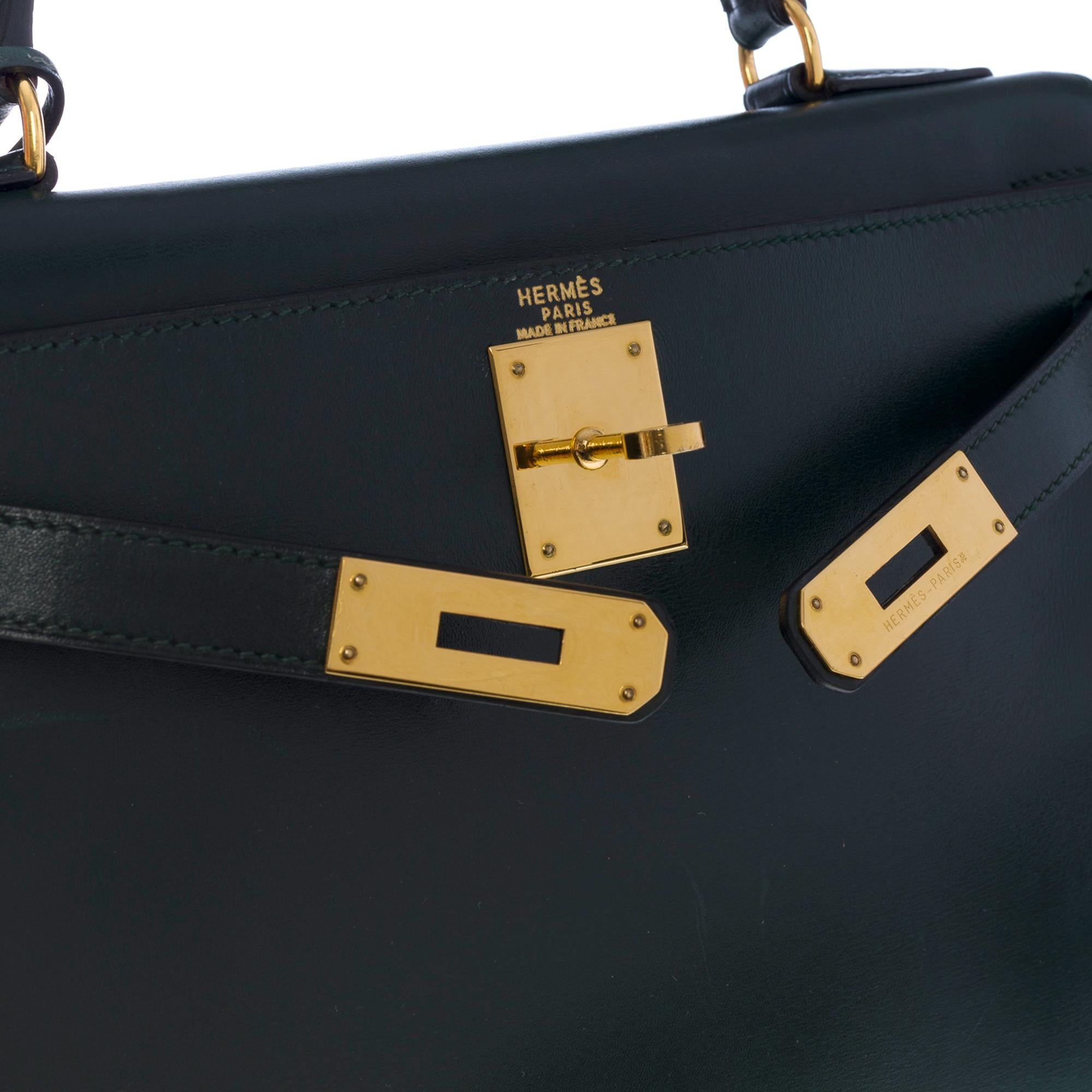 Rare Hermès Kelly 28 retourne handbag strap in green box calf leather, GHW 1