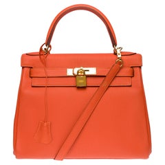 Rare Hermes Kelly 28 retourne handbag strap in Orange Feu Togo leather, GHW