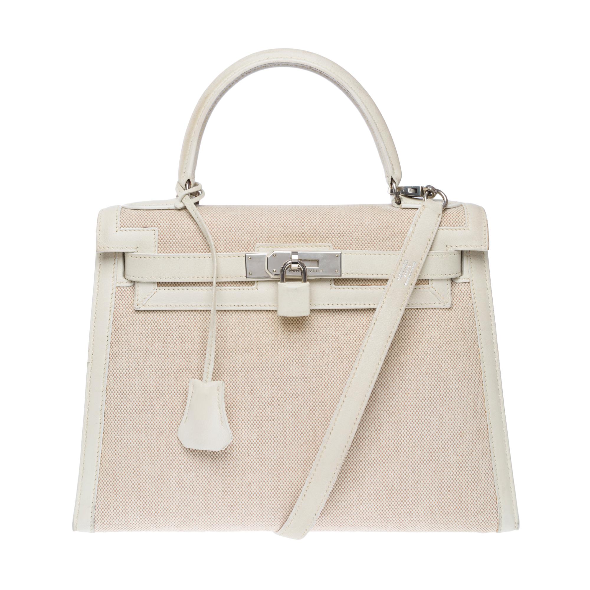 Rare & Exceptional Hermes Kelly 28 sellier handbag shoulder strap in white leather and beige H canvas, silver metal hardware, simple handle in white leather, a simple handle in white leather for a hand, shoulder or crossbody carry

Flap