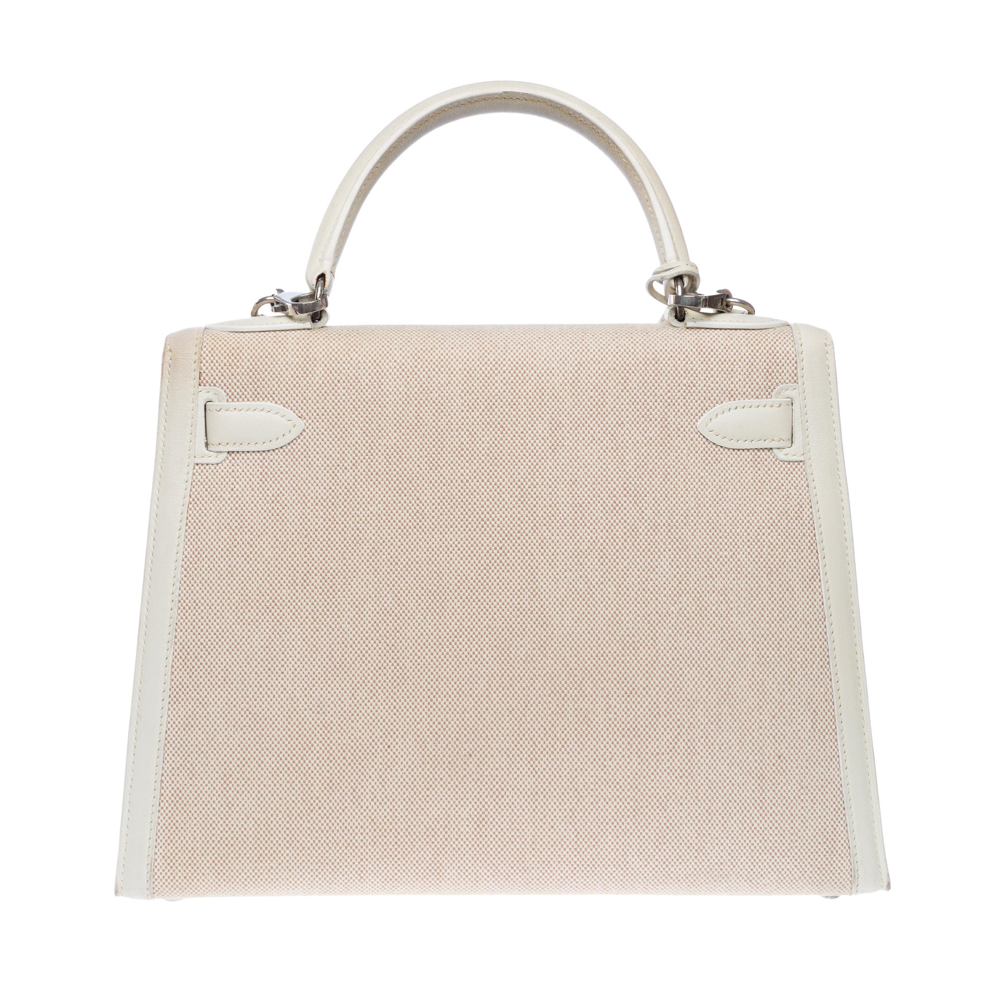 Rare Hermès Kelly 28 sellier handbag strap in White Canvas and Leather, PHW In Excellent Condition In Paris, IDF