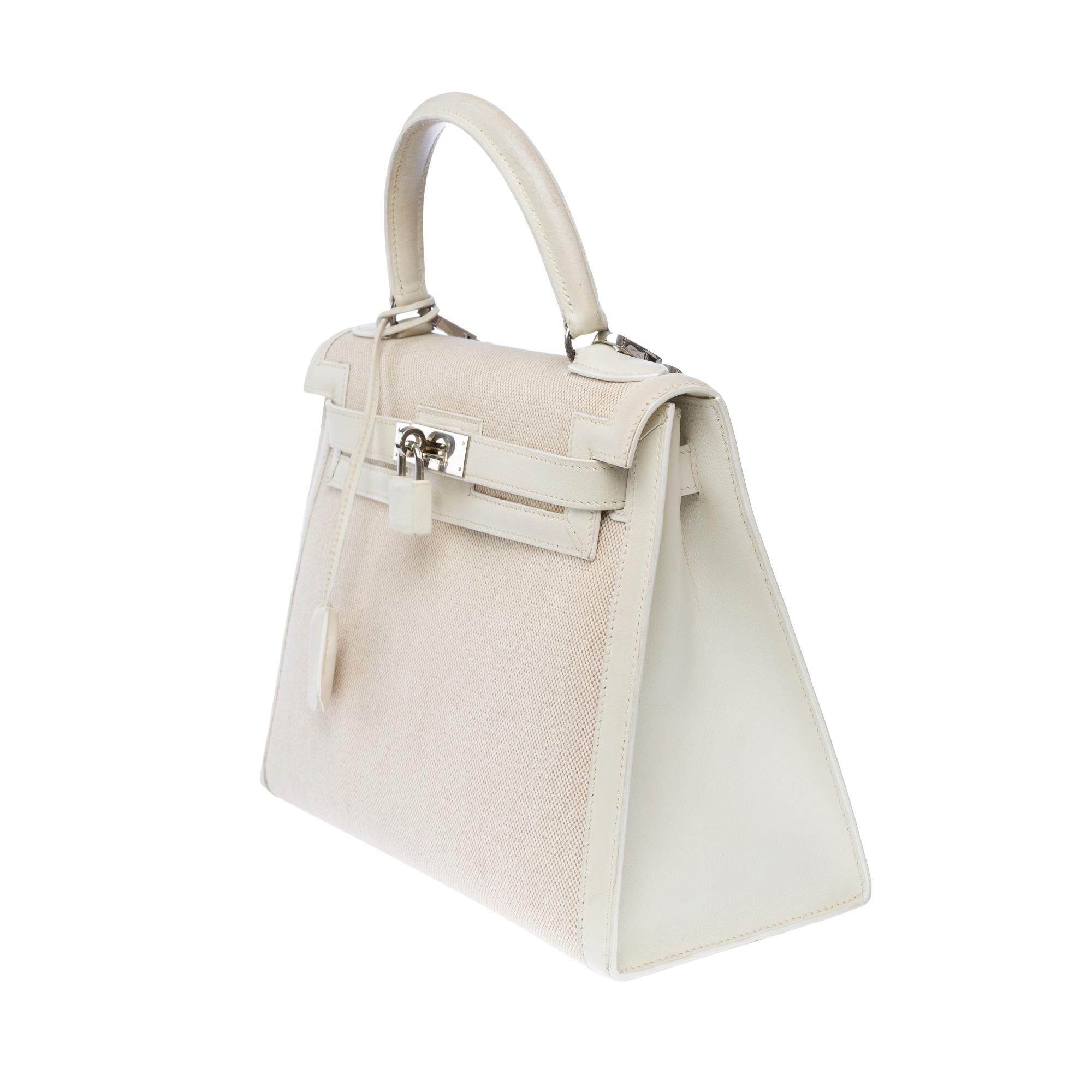 Women's Rare Hermès Kelly 28 sellier handbag strap in White Canvas and Leather, PHW