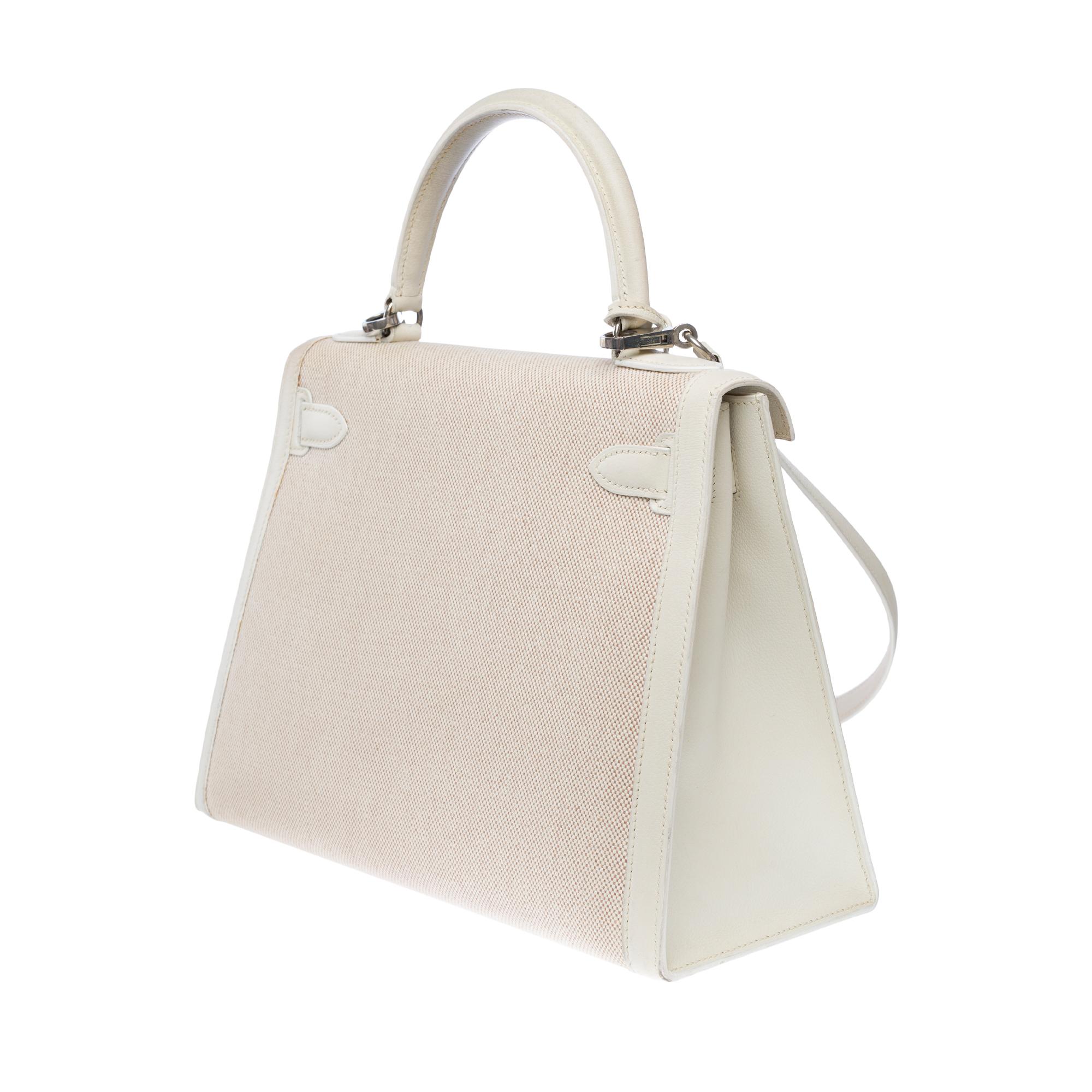 Rare Hermès Kelly 28 sellier handbag strap in White Canvas and Leather, PHW 1