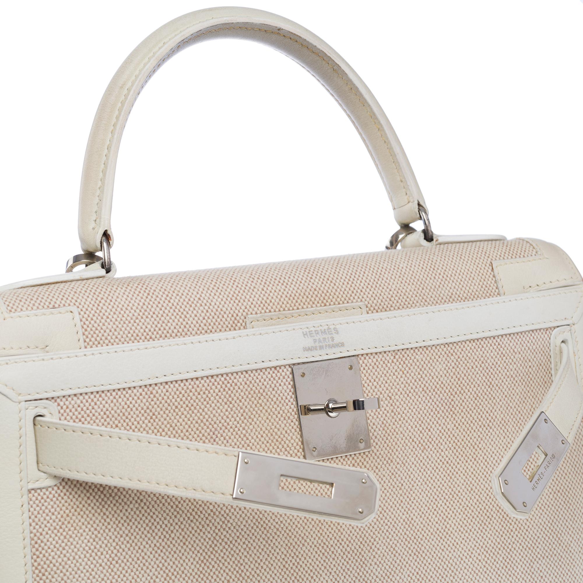 Rare Hermès Kelly 28 sellier handbag strap in White Canvas and Leather, PHW 2