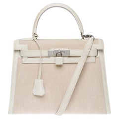 Rare Hermès Kelly 28 sellier handbag strap in White Canvas and Leather, PHW