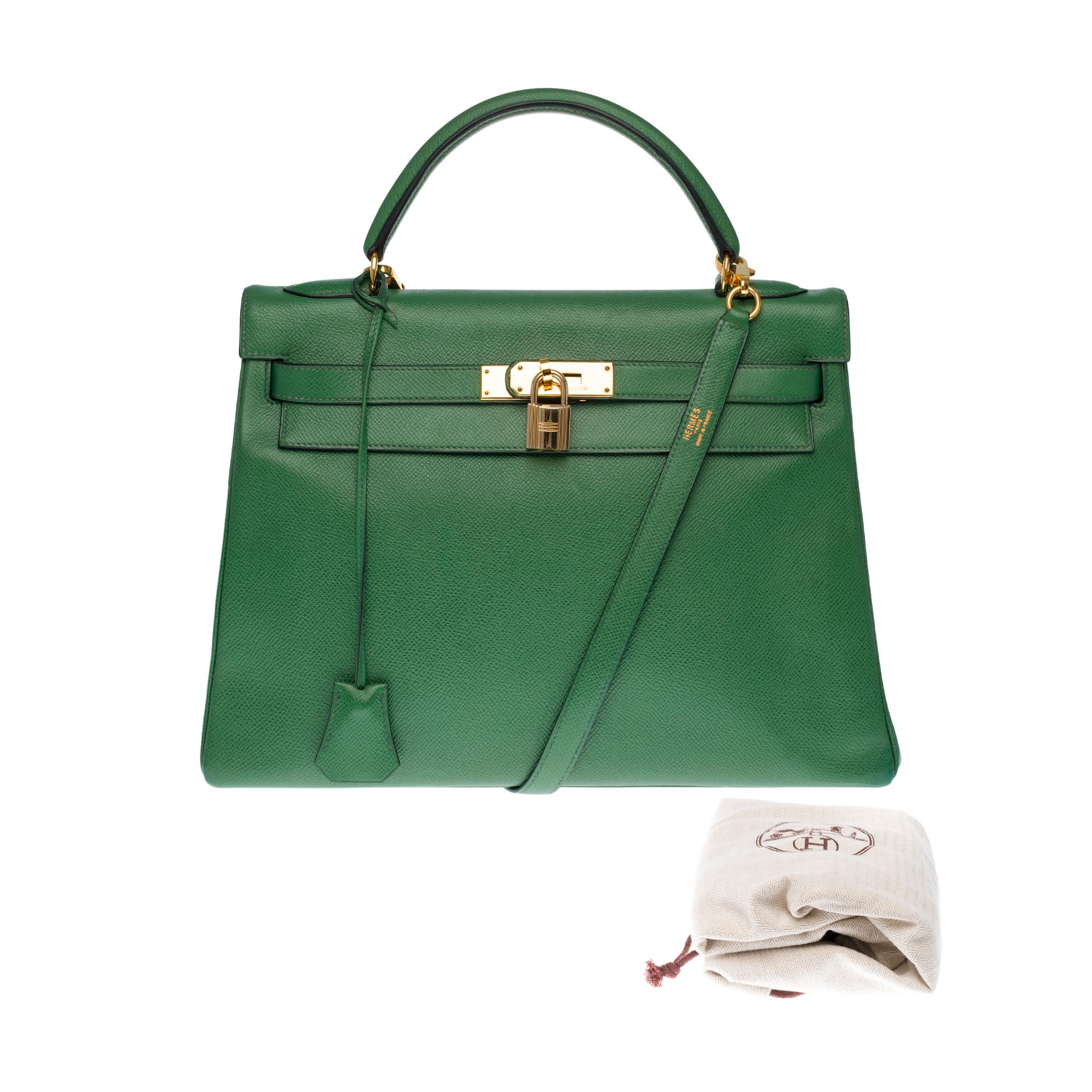 RARE Hermès Kelly 32 handbag with strap in green courchevel and gold hardware 6