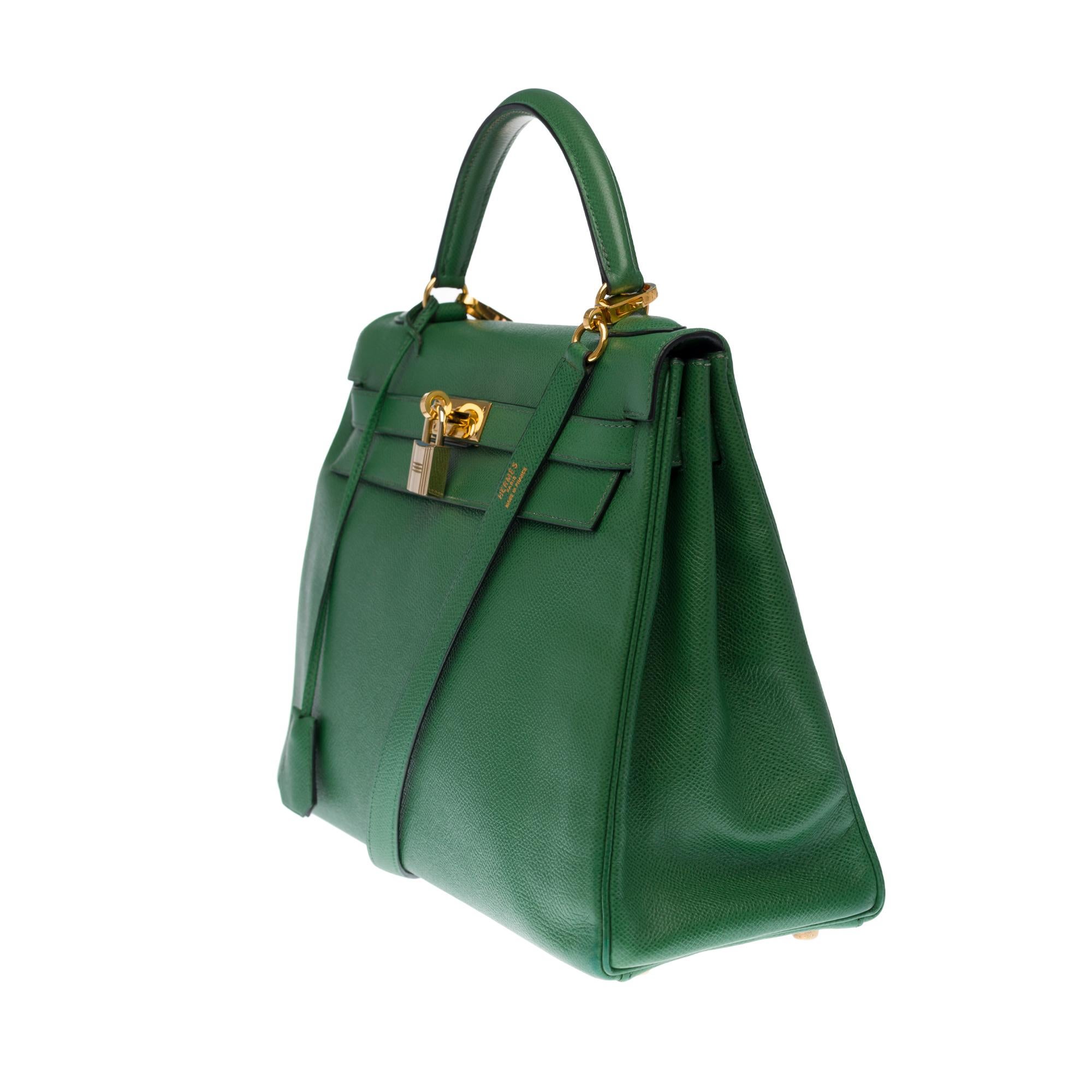 Blue RARE Hermès Kelly 32 handbag with strap in green courchevel and gold hardware