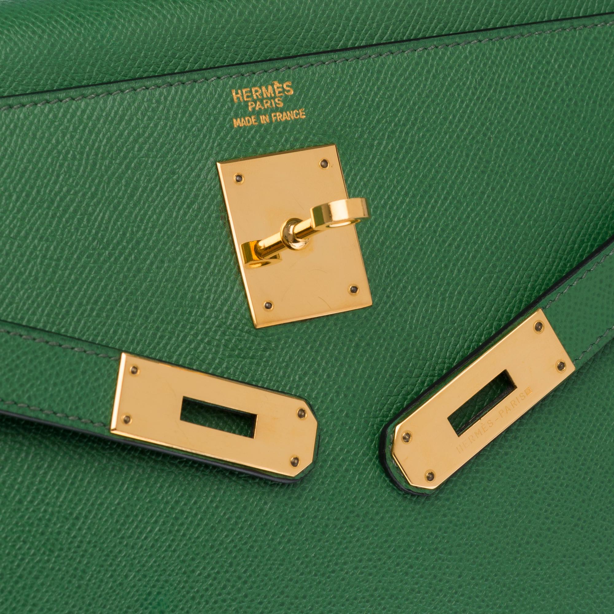 Women's RARE Hermès Kelly 32 handbag with strap in green courchevel and gold hardware
