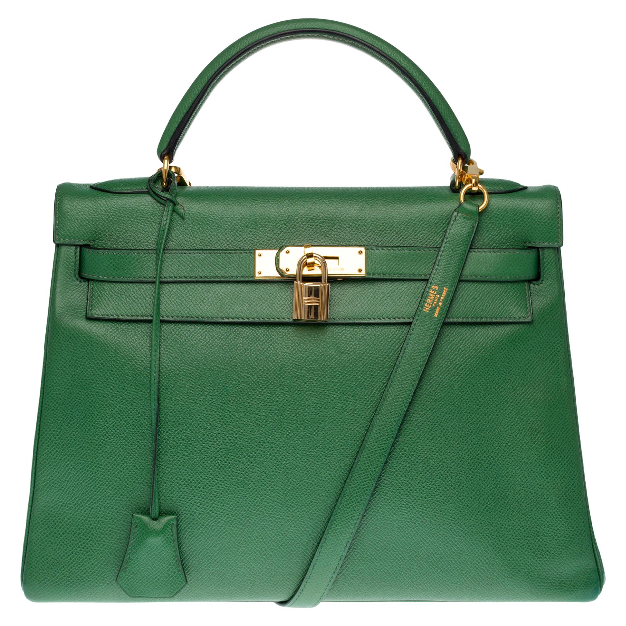 RARE Hermès Kelly 32 handbag with strap in green courchevel and gold hardware