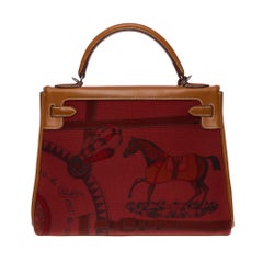 Rare Hermès Kelly 32 Retourne Amazone in Fauve Barenia & Rouge H canvas, SHW