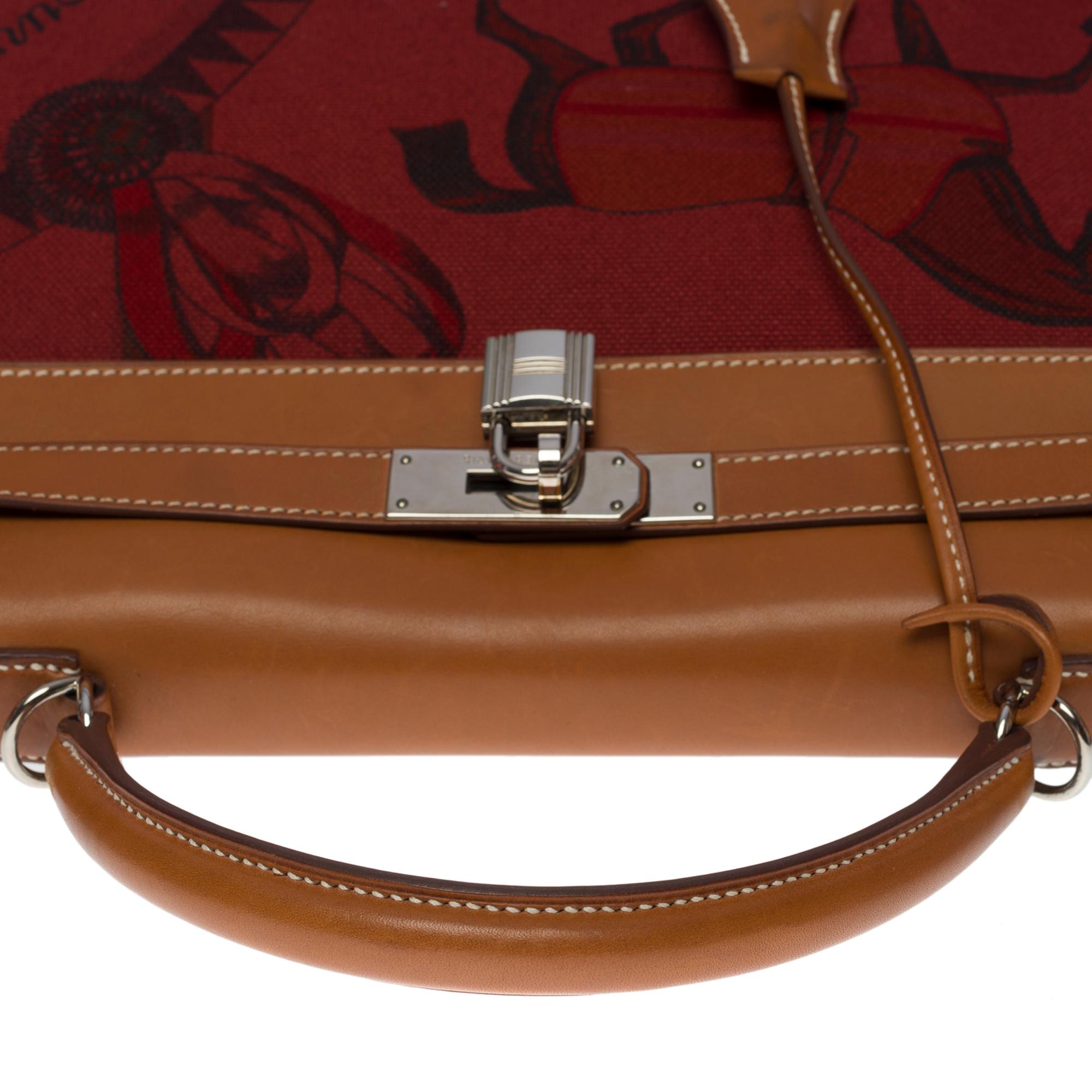 Rare Hermès Kelly 32 Retourne Amazone in Fauve Barenia & Rouge H canvas, SHW 1