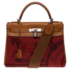 Rare Hermès Kelly 32 Retourne Amazone en toile Fauve Barenia & Rouge H, SHW
