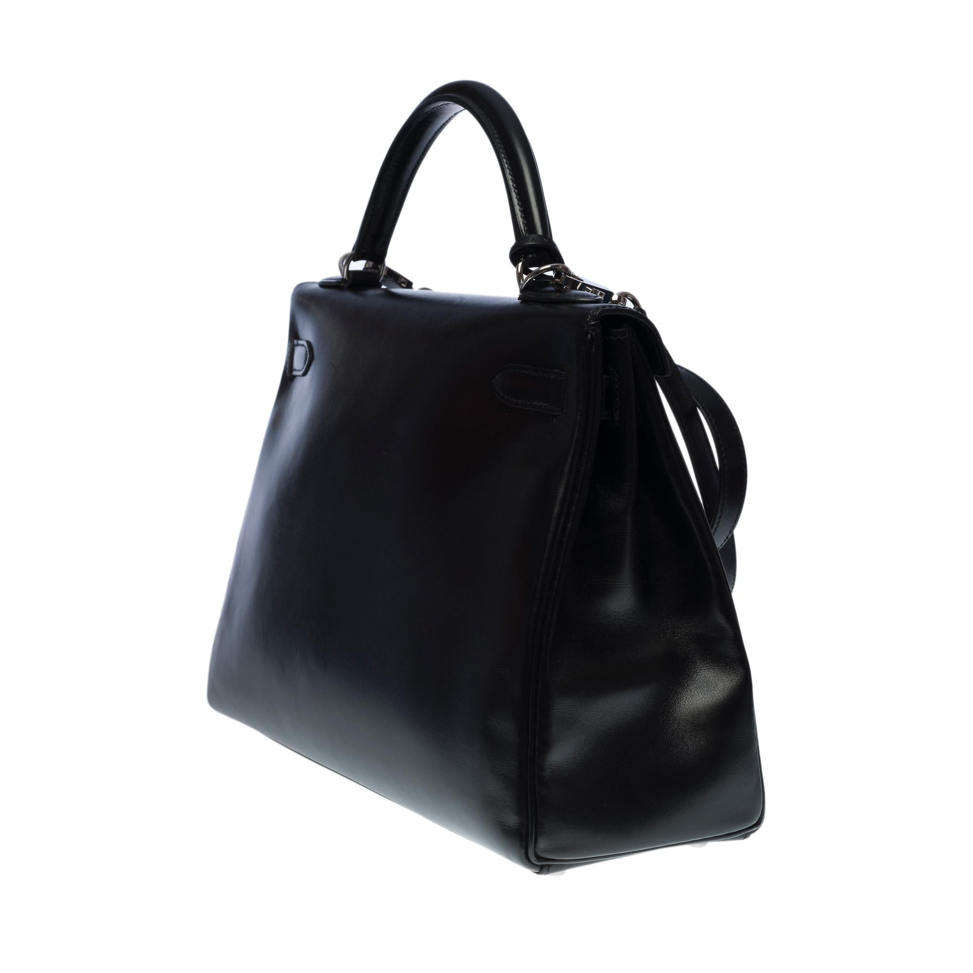 Women's or Men's Rare Hermès Kelly 32 retourne handbag strap in black box calf leather, SHW