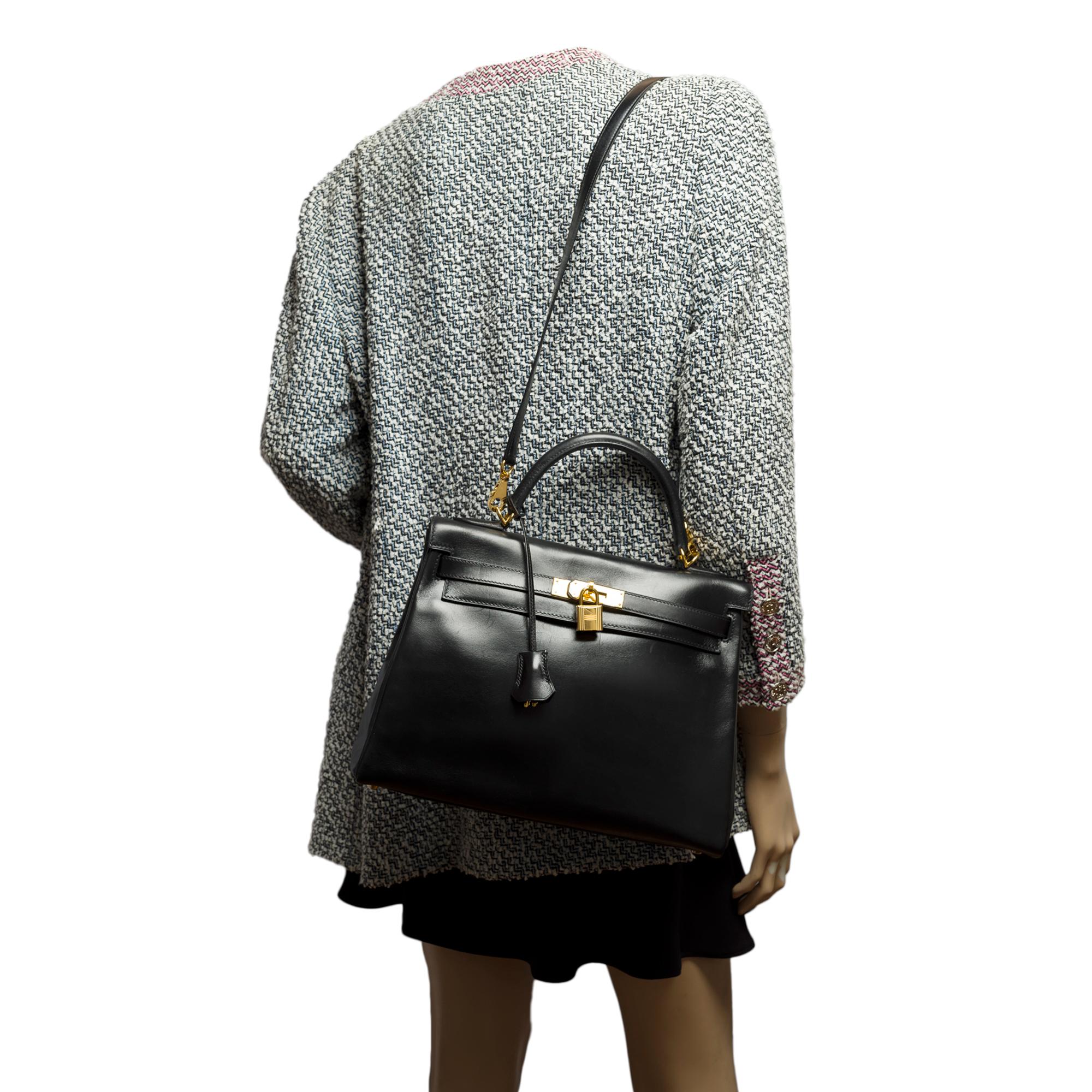 Rare Hermès Kelly 32 retourne handbag strap in black box calfskin leather, GHW 5